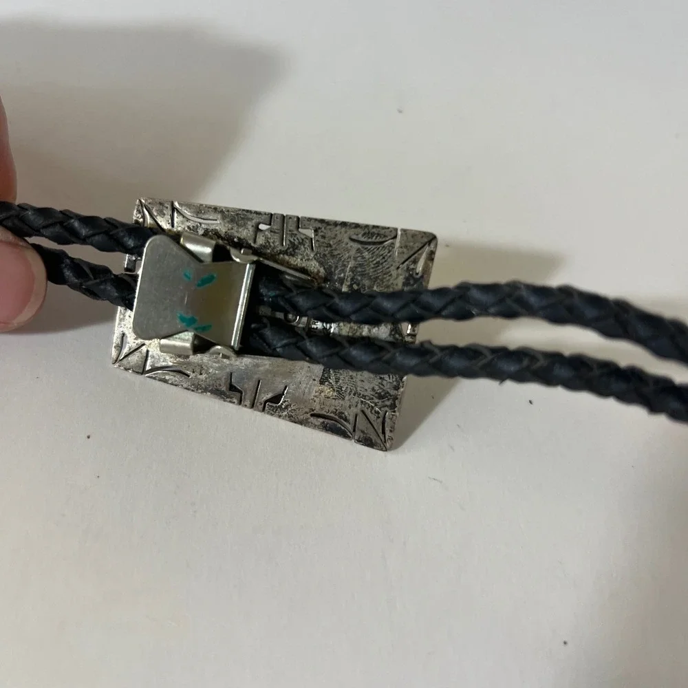Vintage Native Navajo Sterling Silver Turquoise Bolo Tie Leather Signed